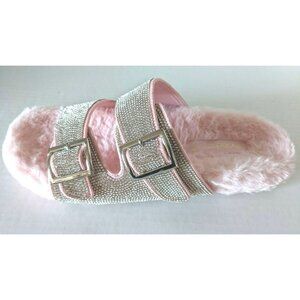 NIB Emiko Rhinestone Fuzzie Slide Women Sandals Flat Pink Faux Fur Buckle Size 9